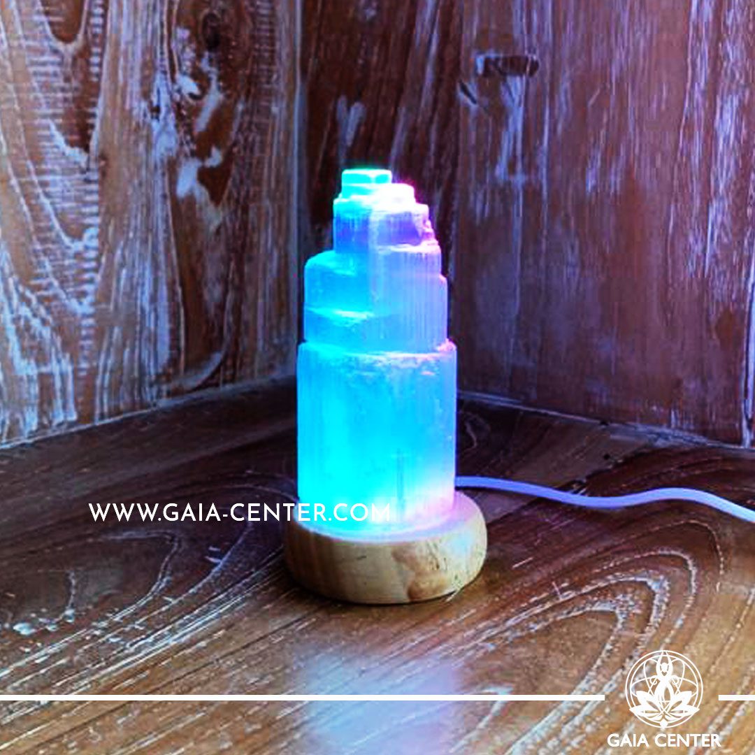 Selenite Crystal Lamp white color with led light fitting and USB cable. Size 10cm and approx. weight is 450g. Himalayan Salt Crystal Lamps and Selenite Lamps selection at Gaia Center | Cyprus.