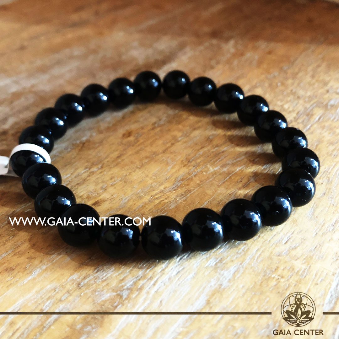 Crystal Bracelet Black Onyx with Elastic string - made with 8mm gemstone beads. Crystal and Gemstone Jewellery Selection at Gaia Center in Cyprus.