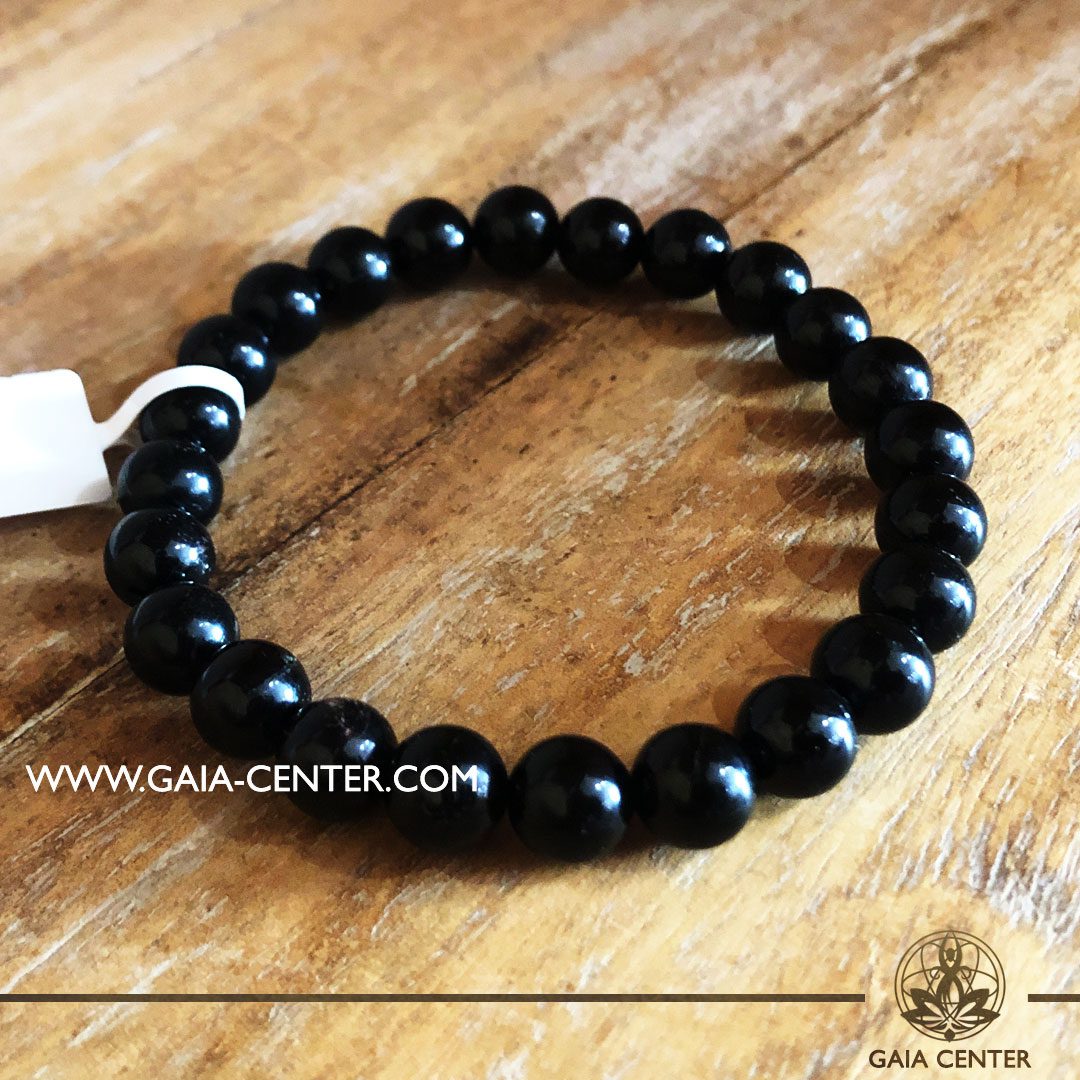 Crystal Bracelet Black Tourmaline with Elastic string - made with 8mm gemstone beads. Crystal and Gemstone Jewellery Selection at Gaia Center in Cyprus.