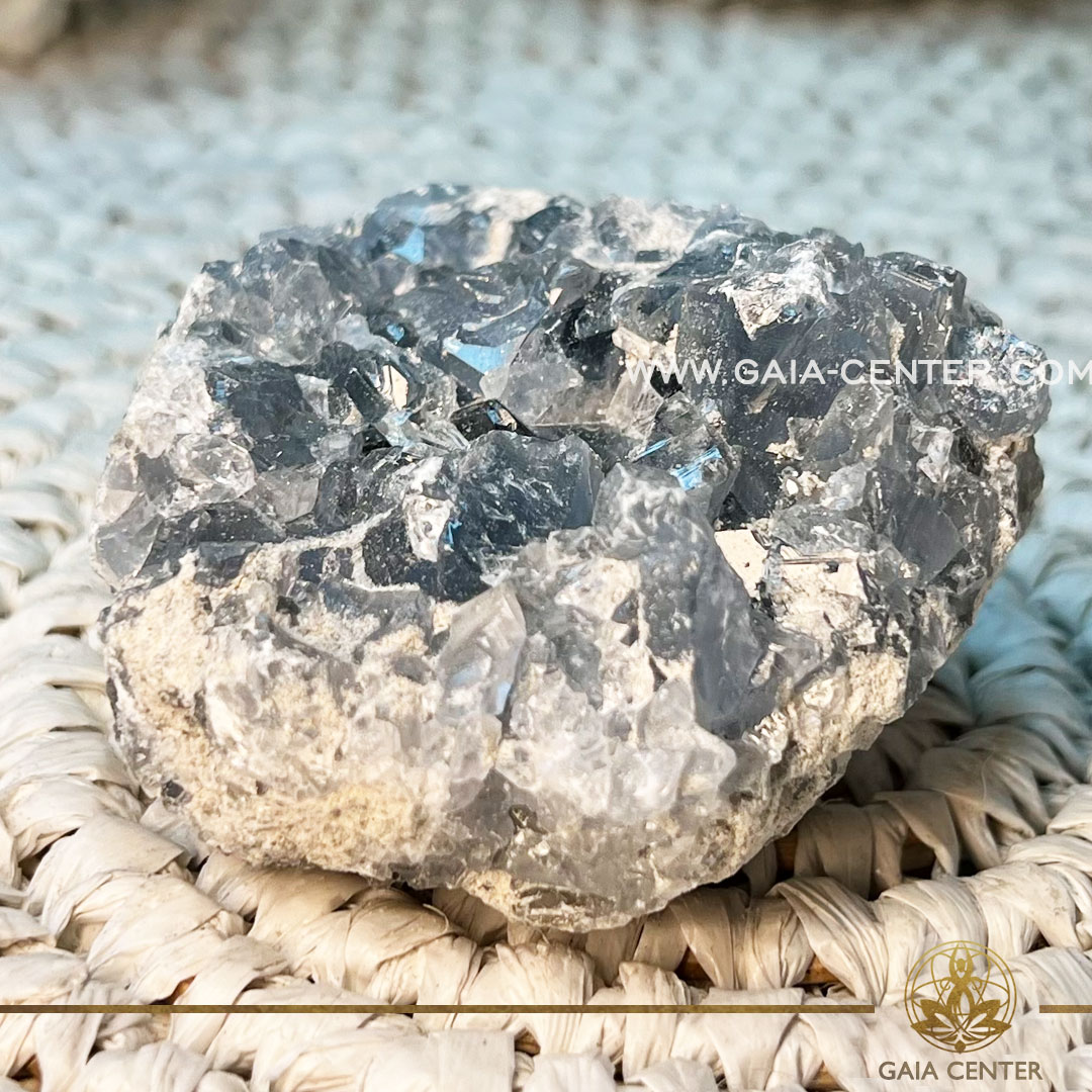 Celestite or Celestine Crystal natural druzy cluster from Madagascar. Crystal points, towers and obelisks selection at Gaia Center Crystal Shop in Cyprus. Order crystals online, Cyprus islandwide delivery: Limassol, Larnaca, Paphos, Nicosia. Europe and Worldwide shipping.
