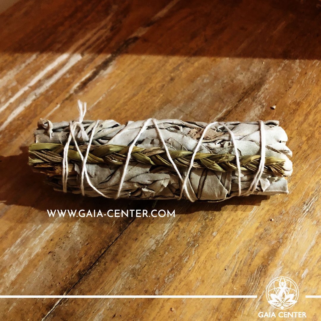 Californian White Sage and Sweetgrass mix bundles for smudging ceremonies and space clearing at Gaia Center | Cyprus. Order online, Cyprus islandwide delivery: Limassol, Paphos, Larnaca, Nicosia. Europe and worldwide shipping.