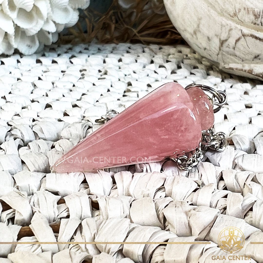 Pendulum for dowsing rose quartz cone design at Gaia Center Crystal shop in Cyprus. Crystal and Gemstone Jewellery Selection at Gaia Center in Cyprus. Order online, Cyprus islandwide delivery: Limassol, Larnaca, Paphos, Nicosia. Europe and Worldwide shipping.