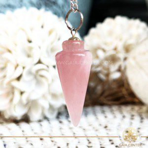 Pendulum for dowsing rose quartz cone design at Gaia Center Crystal shop in Cyprus. Crystal and Gemstone Jewellery Selection at Gaia Center in Cyprus. Order online, Cyprus islandwide delivery: Limassol, Larnaca, Paphos, Nicosia. Europe and Worldwide shipping.