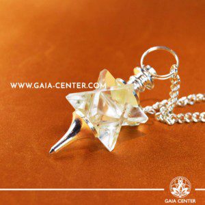 Dowsing Crystal Pendulum Clear Crystal Quartz Merkaba Star with metal chain. Metal and Crystal Dowsing Pendulum Selection at Gaia Center in Cyprus.