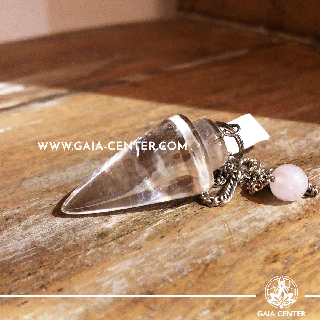 Dowsing Crystal Pendulum Clear Crystal Quartz Cone design with metal chain. Metal and Crystal Dowsing Pendulum Selection at Gaia Center in Cyprus.