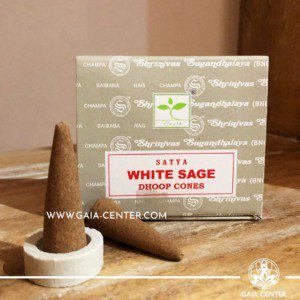 Incense Dhoop Cones Pyramids pack White Sage Aroma Scent by Satya. Incense Sticks and Incense Burners selection at Gaia Center in Cyprus.