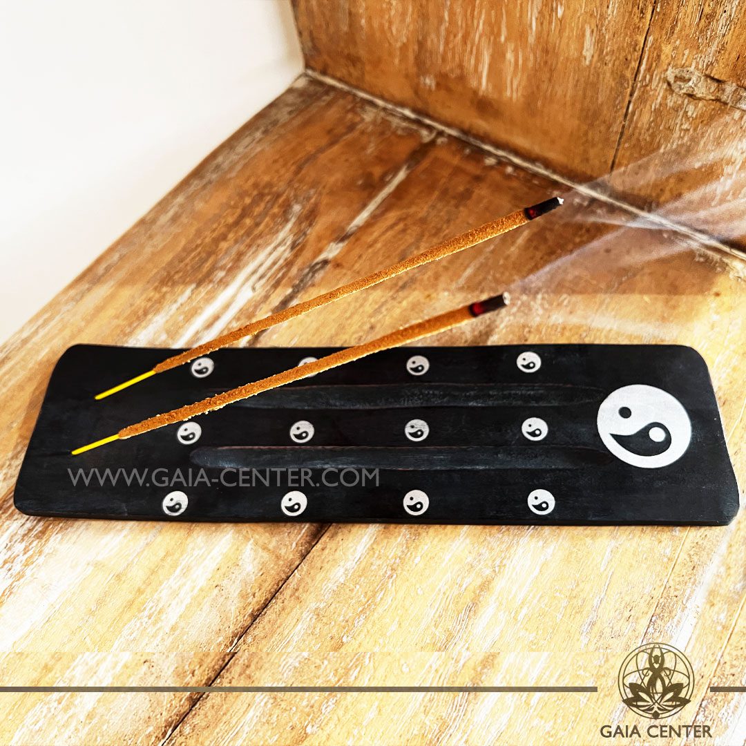 Incense Holder or Ash Catcher for two incense sticks. Made from wood with artistic design: black color and yin-yang symbol. Incense burners selection at Gaia Center | Cyprus.