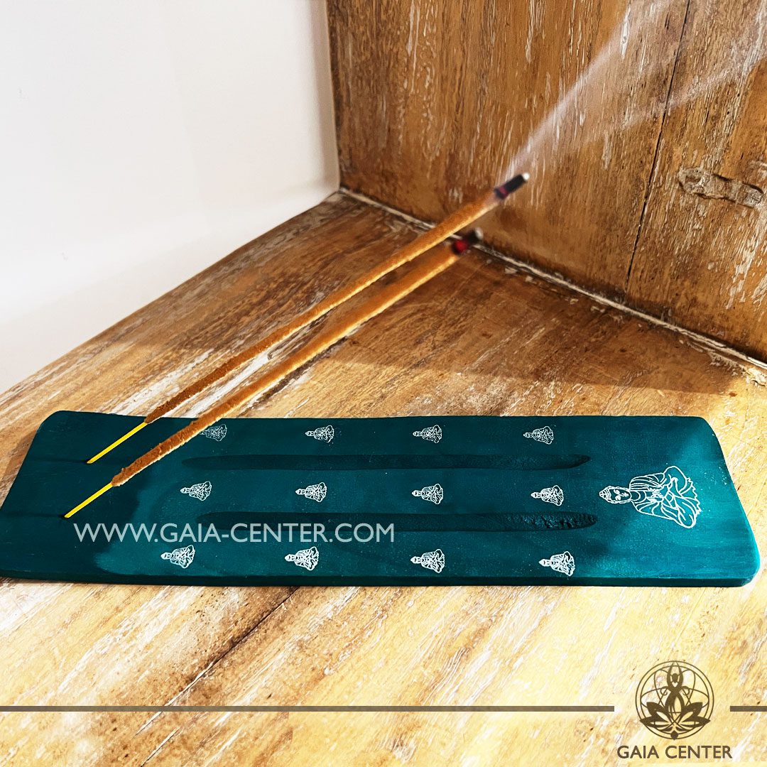 Incense Holder or Ash Catcher for two incense sticks. Made from wood with artistic design: green color and Buddha symbol. Incense burners selection at Gaia Center | Cyprus.