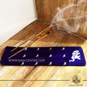 Incense Holder or Ash Catcher for two incense sticks. Made from wood with artistic design: purple color and elephant symbol. Incense burners selection at Gaia Center | Cyprus.