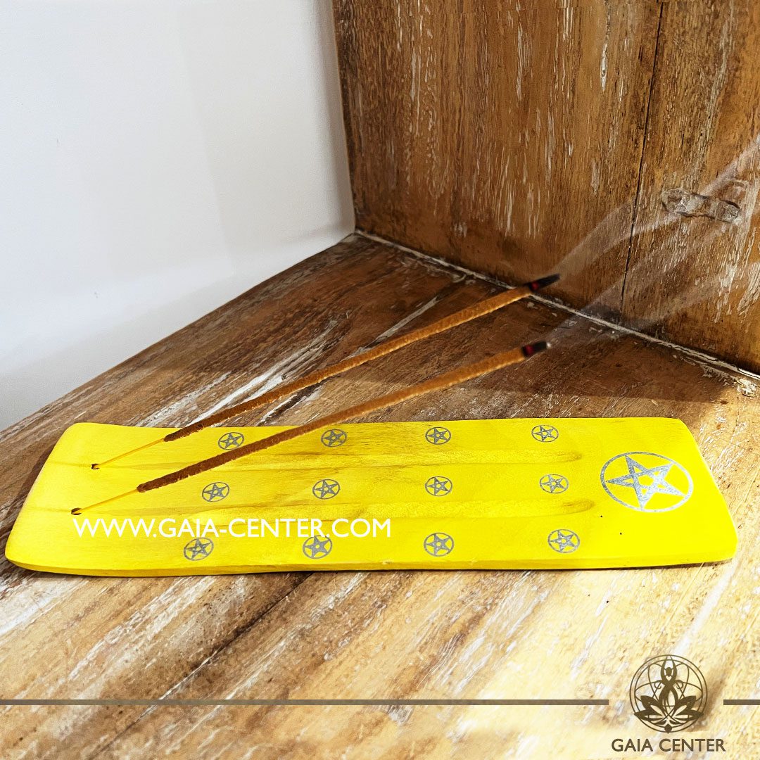 Incense Holder or Ash Catcher for two incense sticks. Made from wood with artistic design: yellow color and star pentagram symbol. Incense burners selection at Gaia Center | Cyprus.