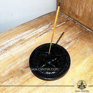 Incense Holder or Ash Catcher plate for four incense sticks. Made from soap stone with artistic design: black color carved pentagram symbol. Incense burners selection at Gaia Center | Cyprus.