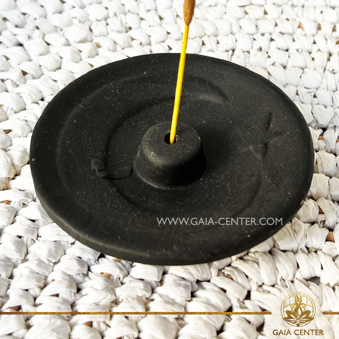 Incense Holder or Ash Catcher plate for one incense sticks or Palo Santo Wood Holder. Made from clay-based unglazed ceramic with artistic design: black color and crescent symbol. Incense burners selection at Gaia Center Crystals and Incense Shop in Cyprus.