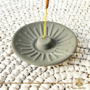 Incense Holder or Ash Catcher plate for one incense sticks or Palo Santo Wood Holder. Made from clay-based unglazed ceramic with artistic design: grey color and energy symbol. Incense burners selection at Gaia Center Crystals and Incense Shop in Cyprus.