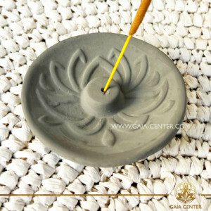Incense Holder or Ash Catcher plate for one incense sticks or Palo Santo Wood Holder. Made from clay-based unglazed ceramic with artistic design: grey color and lotus flower symbol. Incense burners selection at Gaia Center Crystals and Incense Shop in Cyprus.