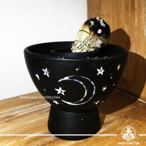 Ceramic smudge bowl plate for space clearing and smudging White Sage and Palo Santo. Black color unglazed ceramic with moon and stars design. Buy online at Gaia Center | Cyprus. Cyprus islandwide delivery: Limassol, Larnaca, Paphos, Nicosia. Europe and worldwide shipping.