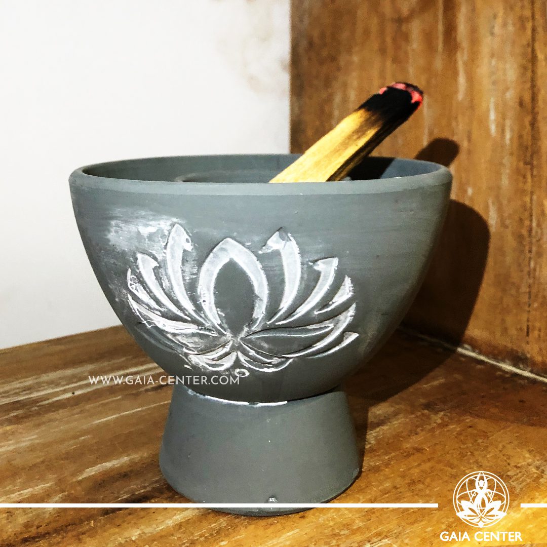 Ceramic smudge bowl plate for space clearing and smudging White Sage and Palo Santo. Grey color unglazed ceramic with white lotus design. Buy online at Gaia Center | Cyprus. Cyprus islandwide delivery: Limassol, Larnaca, Paphos, Nicosia. Europe and worldwide shipping.