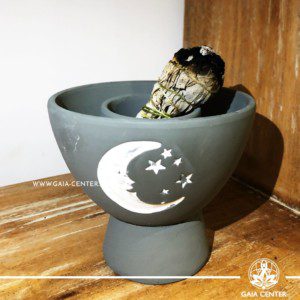 Ceramic smudge bowl plate for space clearing and smudging White Sage and Palo Santo. Grey color unglazed ceramic with moon and stars design. Buy online at Gaia Center | Cyprus. Cyprus islandwide delivery: Limassol, Larnaca, Paphos, Nicosia. Europe and worldwide shipping.