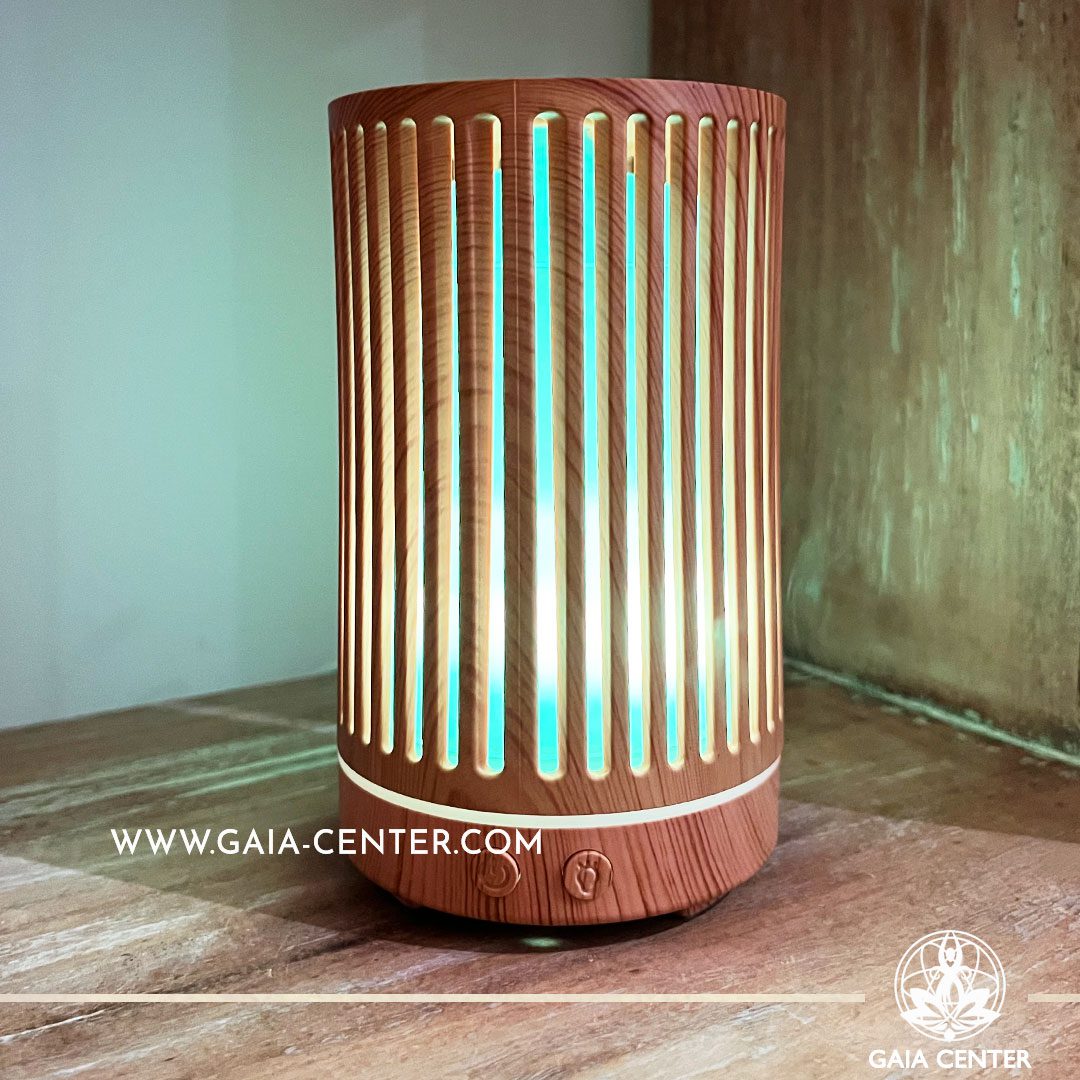Aroma Diffuser Ultrasonic Humidifier for essential and aroma oils. Zen natural wood Design with 200ml water capacity, 7 led colors. Electrical cable included. Selection of Aroma Humidifiers and Aromatic Essential Oils at Gaia Center in Cyprus. Order online, Cyprus islandwide delivery: Limassol, Larnaca, Paphos, Nicosia
