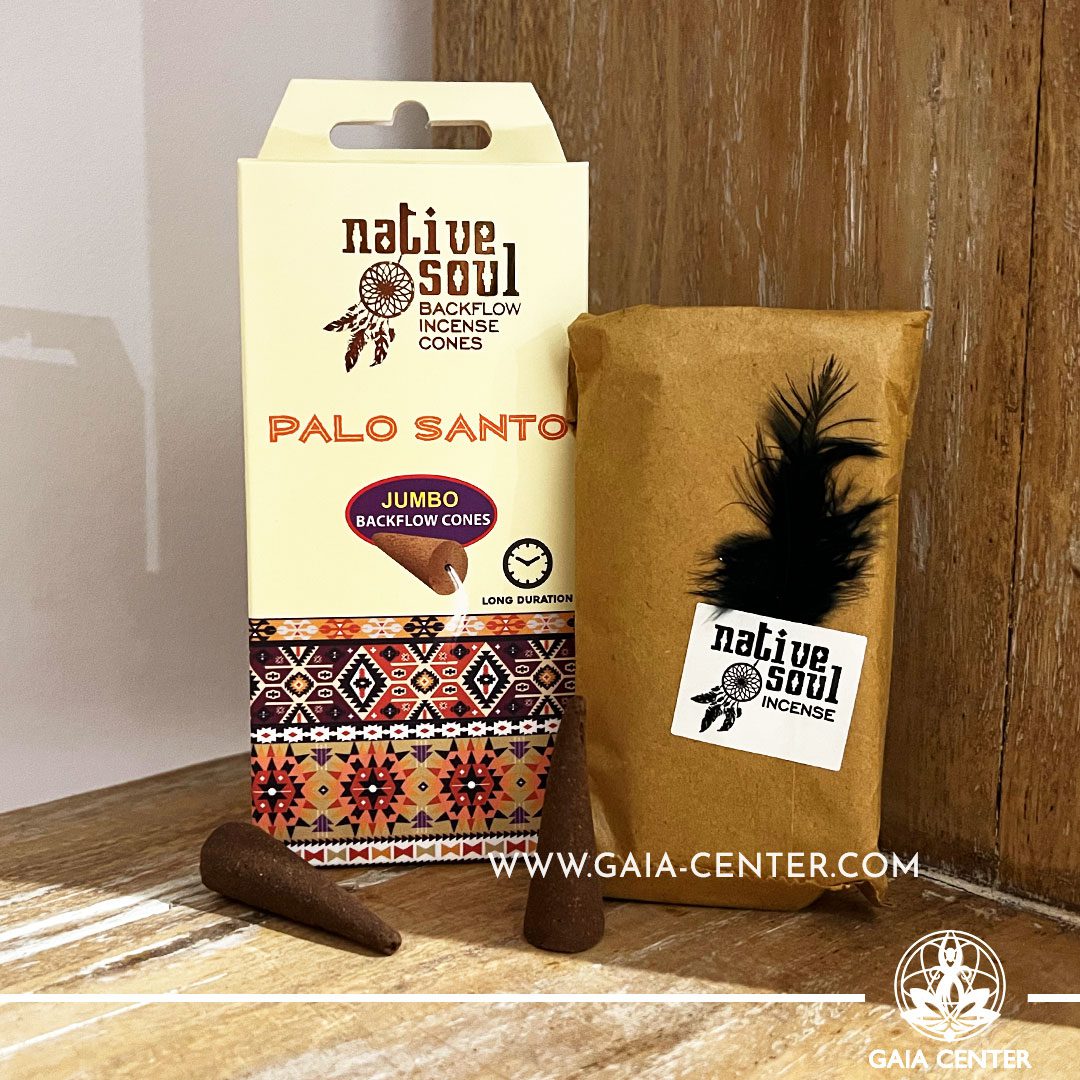 Backflow Dhoop Incense Jumbo Cones - Palo Santo scent by Native Soul Green Tree brand at Gaia Center | Cyprus. Pack contains 8 jumbo backflow cones. Backflow Incense Burners and Dhoop Cones selection. Order online, Cyprus islandwide delivery: Limassol, Larnaca, Nicosia, Paphos. Europe and worldwide shipping.