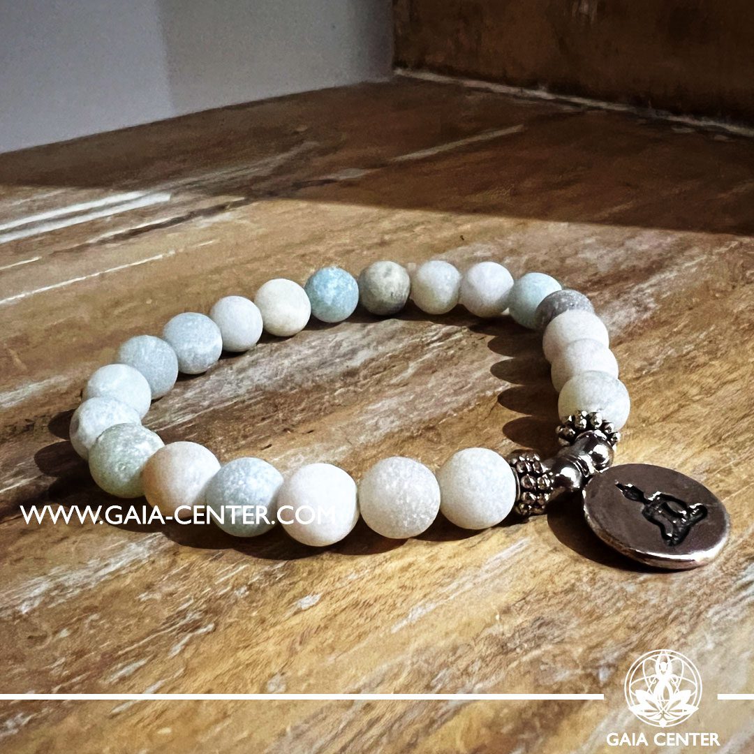 Crystal Bracelet Amazone Stone with metal Buddha charm and elastic string - made with 8mm gemstone beads. Crystal and Gemstone Jewellery Selection at Gaia Center in Cyprus. Order online, Cyprus islandwide delivery: Limassol, Larnaca, Paphos, Nicosia. Europe and Worldwide shipping.