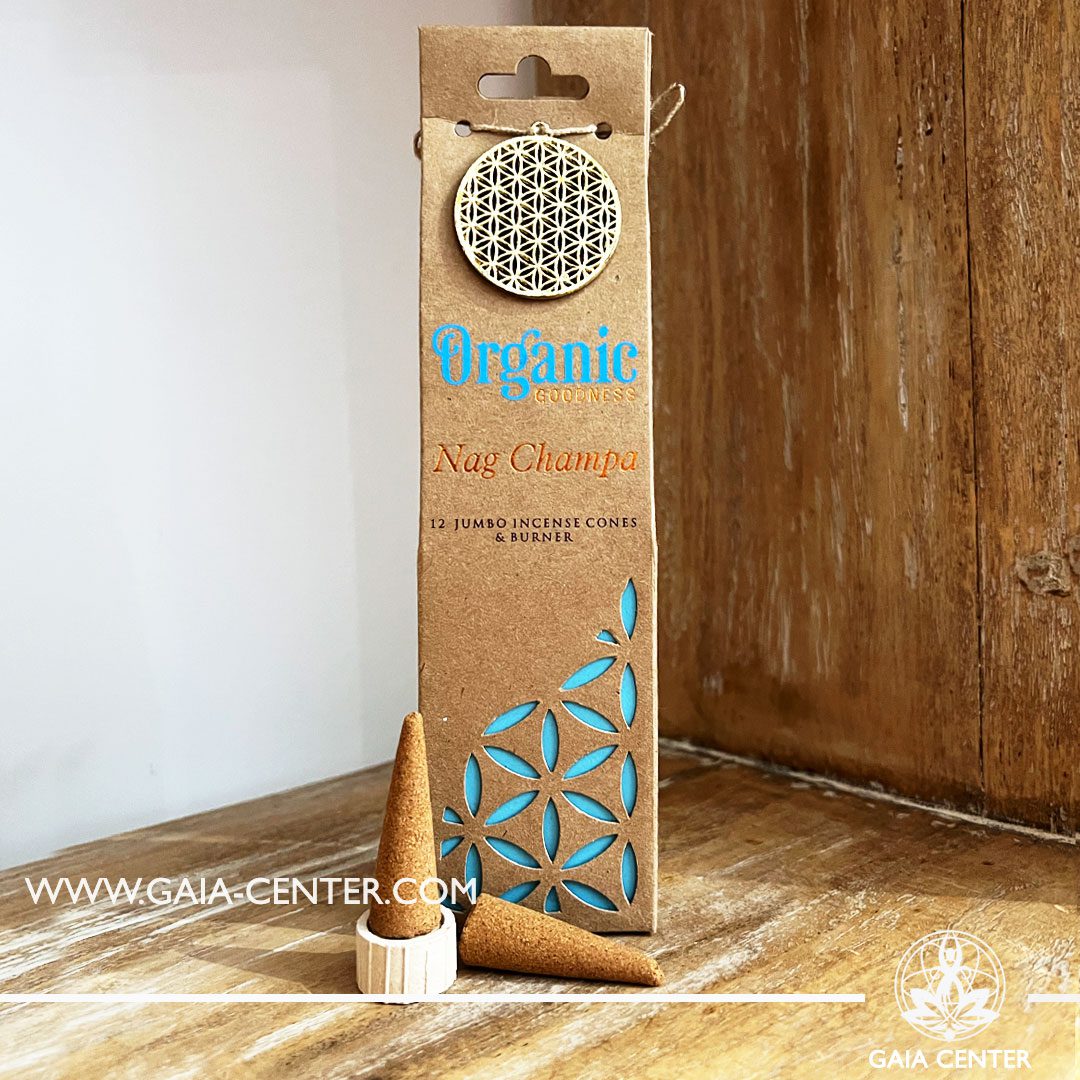 Incense Natural Dhoop Cones Nag Champa and burner by Organic Goodness. 12 incense cones in a pack. Order online at Gaia Center | Cyprus. Cyprus islandwide delivery: Limassol, Nicosia, Larnaca, Paphos. Europe & Worldwide delivery.