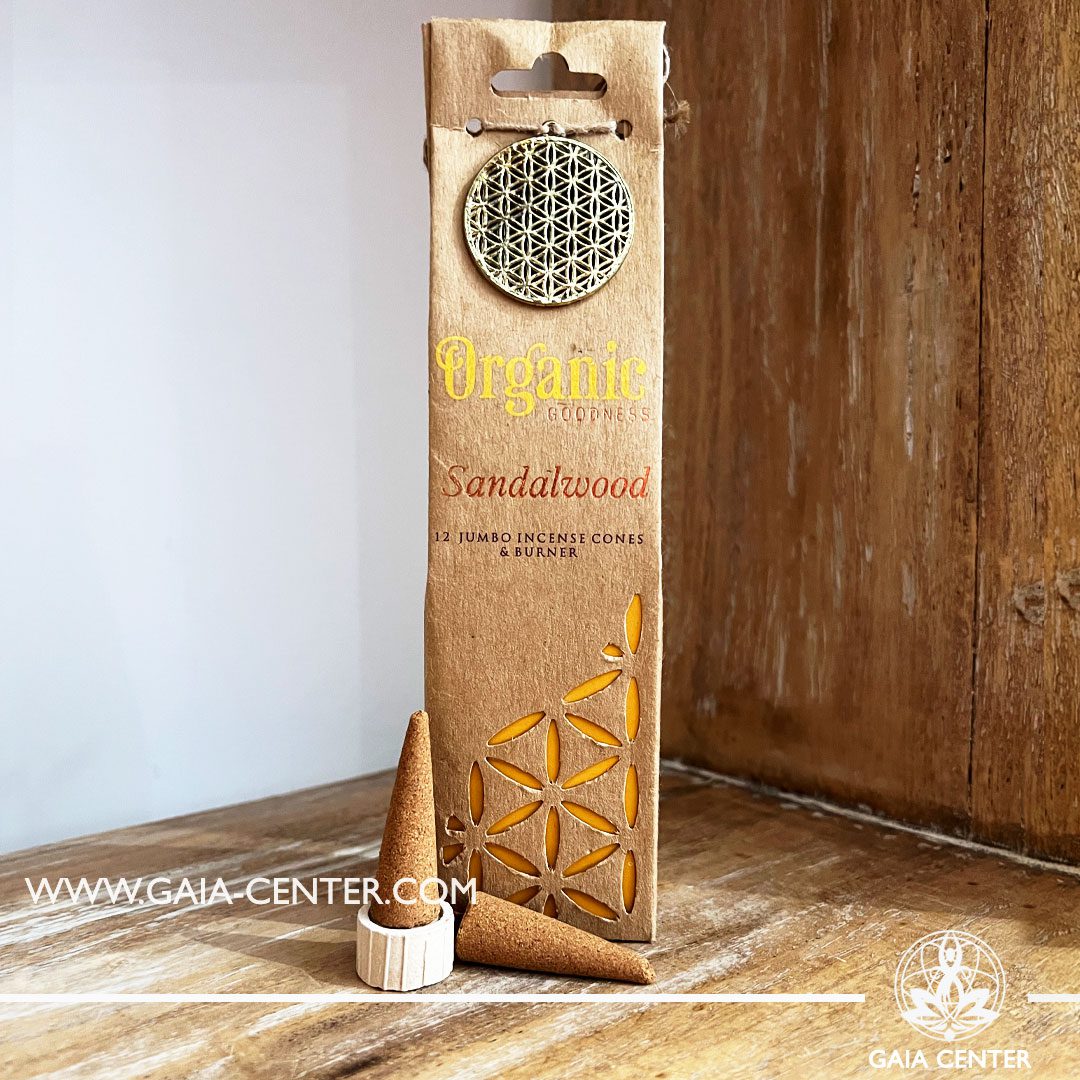 Incense Natural Dhoop Cones Sandalwood and burner by Organic Goodness. 12 incense cones in a pack. Order online at Gaia Center | Cyprus. Cyprus islandwide delivery: Limassol, Nicosia, Larnaca, Paphos. Europe & Worldwide delivery.