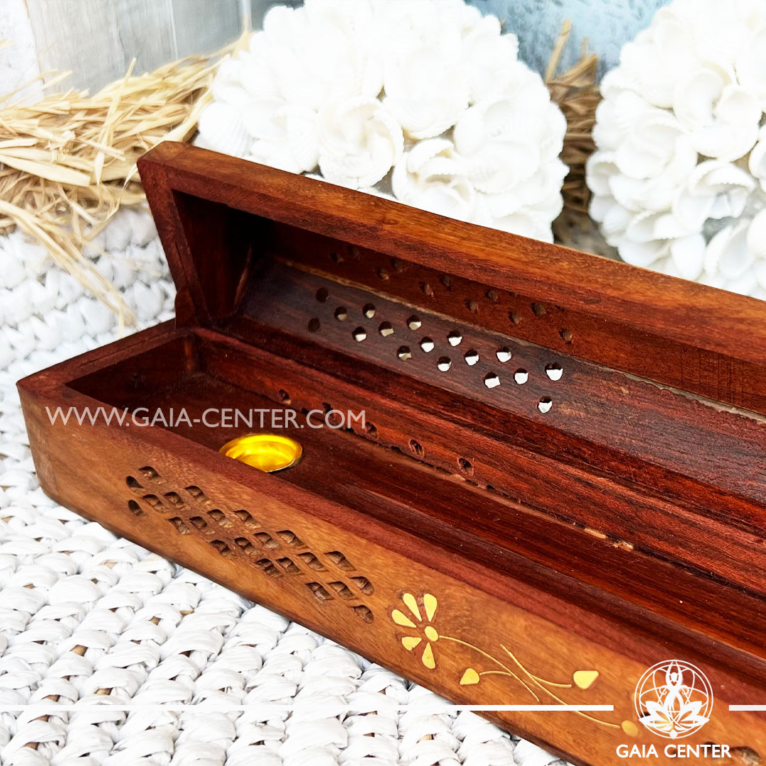 Incense Holder or Ash Catcher - wooden box Floral design. Holds two aroma incense sticks and two incense pyramids or cones. Made from wood with artistic design: gold color Yin Yang symbol. Incense burners selection at Gaia Center Crystal Incense Shop in Cyprus. Order online, Cyprus islandwide delivery: Limassol, Larnaca, Nicosia, Paphos. Europe and worldwide shipping.