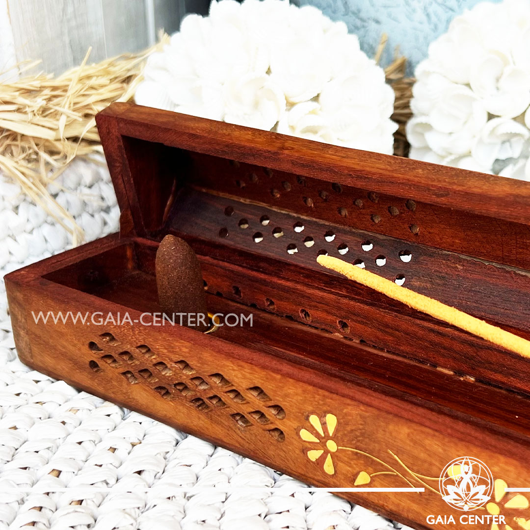 Incense Holder or Ash Catcher - wooden box Floral design. Holds two aroma incense sticks and two incense pyramids or cones. Made from wood with artistic design: gold color Yin Yang symbol. Incense burners selection at Gaia Center Crystal Incense Shop in Cyprus. Order online, Cyprus islandwide delivery: Limassol, Larnaca, Nicosia, Paphos. Europe and worldwide shipping.
