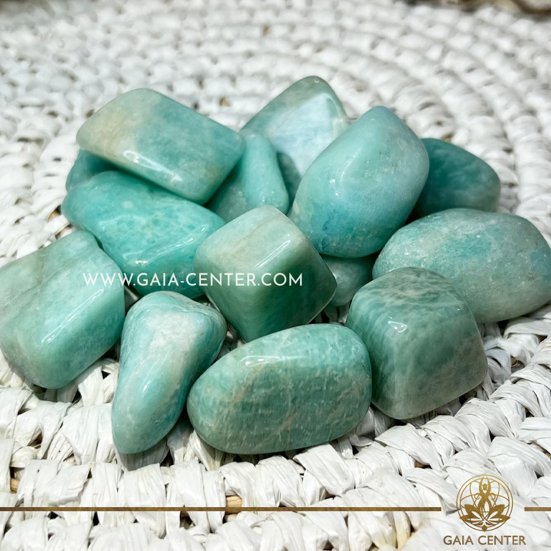 Amazonite or Amazone stone crystal tumbled stones from Brazil approx.30-40mm size at Gaia Center crystal shop in Cyprus. Crystal tumbled stones and rough minerals, drusy at Gaia Center crystal shop in Cyprus. Order crystals online top quality crystals, Cyprus islandwide delivery: Limassol, Larnaca, Paphos, Nicosia. Europe and Worldwide shipping.