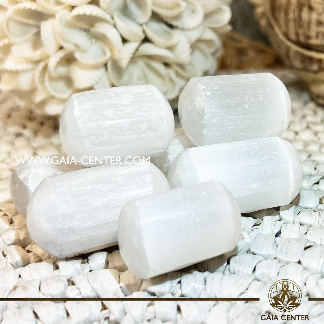 White Selenite crystal polished cylinder tumbled stones from Morocco at Gaia Center crystal shop in Cyprus. Crystal tumbled stones and rough minerals, drusy at Gaia Center crystal shop in Cyprus. Order crystals online top quality crystals, Cyprus islandwide delivery: Limassol, Larnaca, Paphos, Nicosia. Europe and Worldwide shipping.