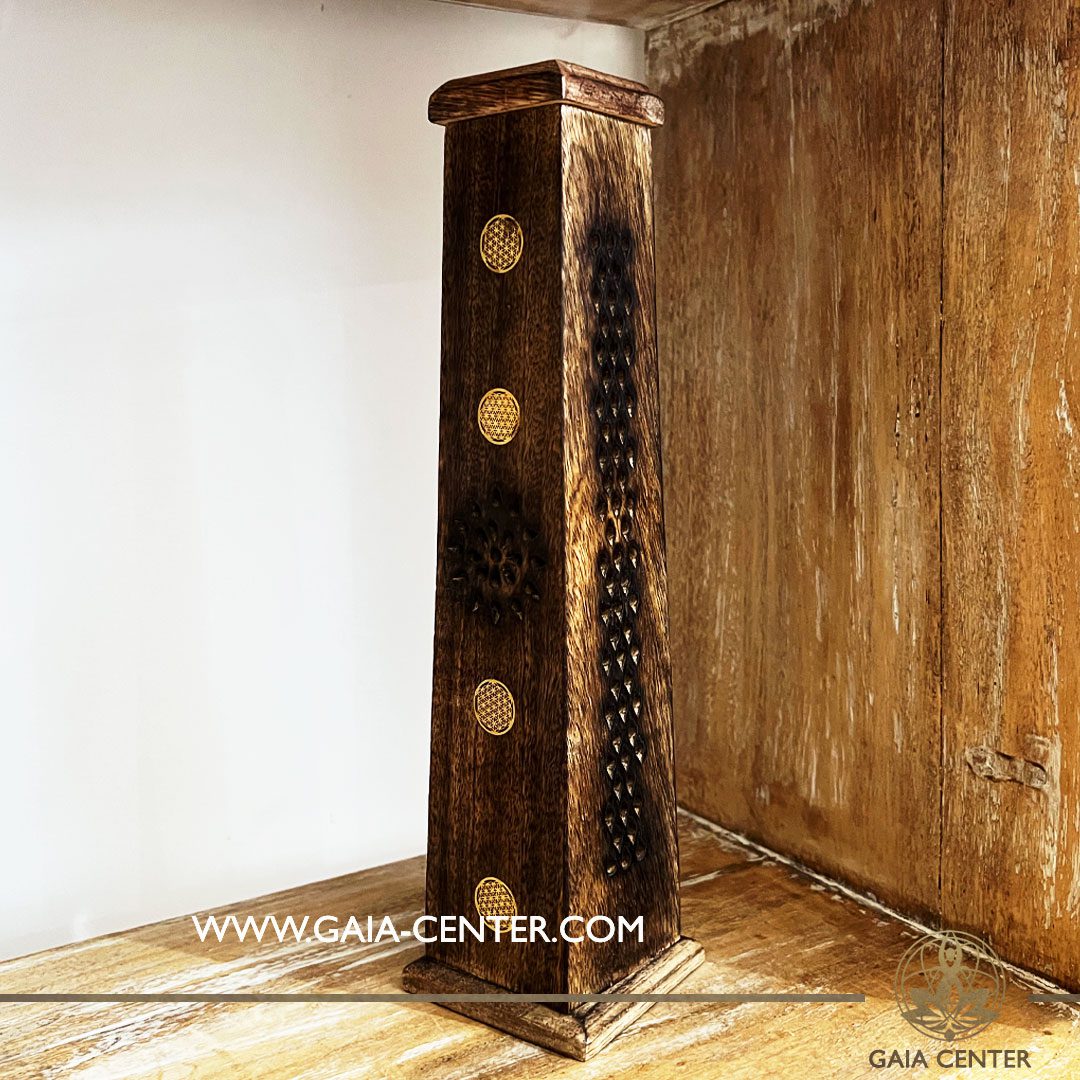Tower Incense Holder or Ash Catcher - natural color wooden box. Holds four aroma incense sticks and one incense pyramids or cone. Made from wood with artistic design: metal flower of life gold color symbols. Incense burners selection at Gaia Center | Cyprus. Order online, Cyprus islandwide delivery: Limassol, Larnaca, Nicosia, Paphos. Europe and worldwide shipping.