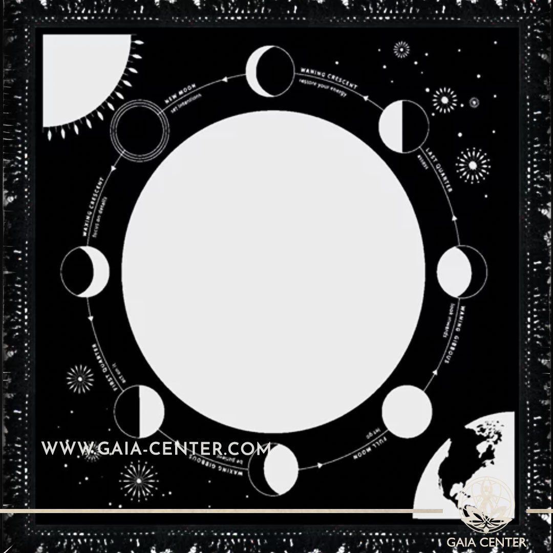 Altar Cloth - Moon Phase With Globe style 60x60cm is perfect for Tarot, Oracle cards, Intuitive Reading, Crystal and Rune placement. Tarot | Oracle | Angel Cards selection and Altar Accessories at Gaia Center | Cyprus. Order online. Cyprus islandwide delivery: Limassol, Paphos, Larnaca, Nicosia Europe and Worldwide shipping.