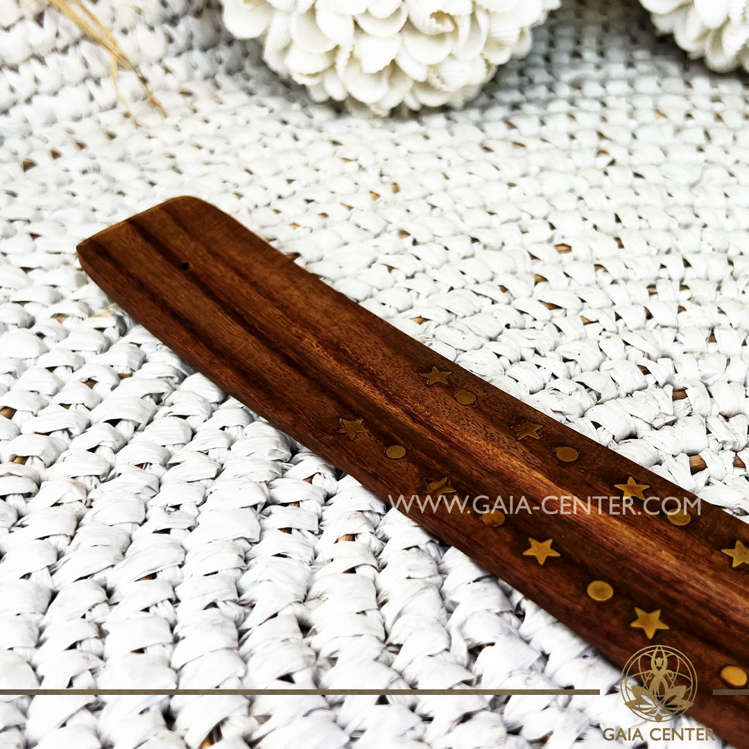Incense Holder or Ash Catcher - wooden ski Stars and Moon design. Holds one aroma incense stick. Incense burners selection at Gaia Center Crystal Incense Shop in Cyprus. Order online, Cyprus islandwide delivery: Limassol, Larnaca, Nicosia, Paphos. Europe and worldwide shipping.
