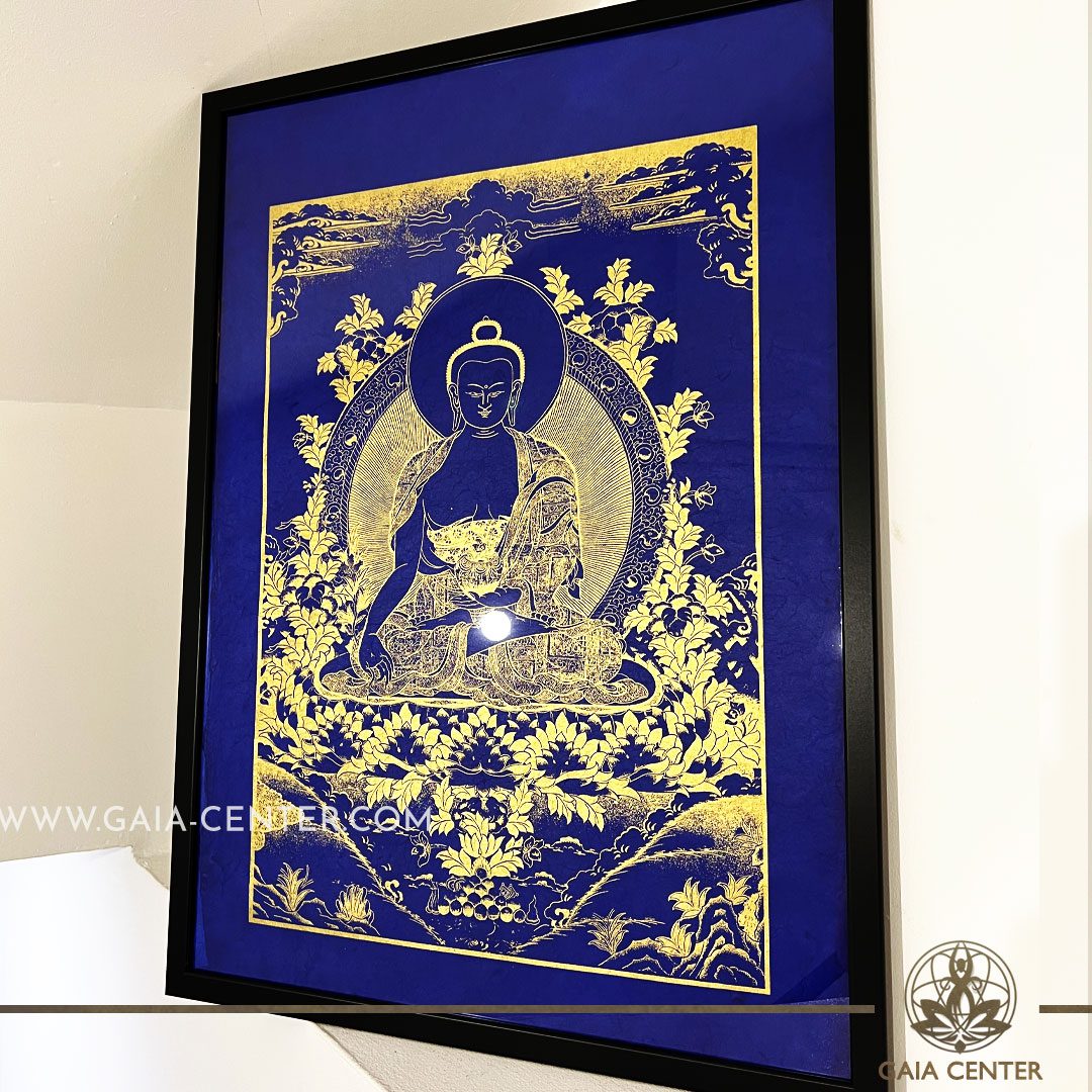 Tibetan Mandala Medicine Buddha Blue & Gold Style. Origin: Nepal Frame size: 72x52cm Wall Ornament selection at Gaia Center | Cyprus.