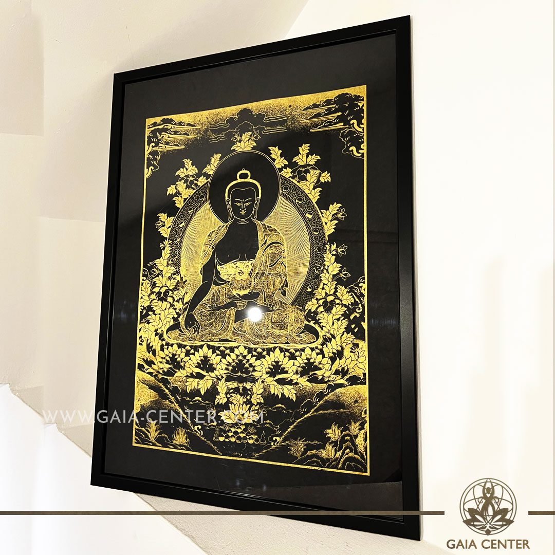Tibetan Mandala Medicine Buddha Black & Gold Style in the frame. Origin: Nepal Frame size: 72x52cm Wall Ornament selection at Gaia Center | Cyprus.