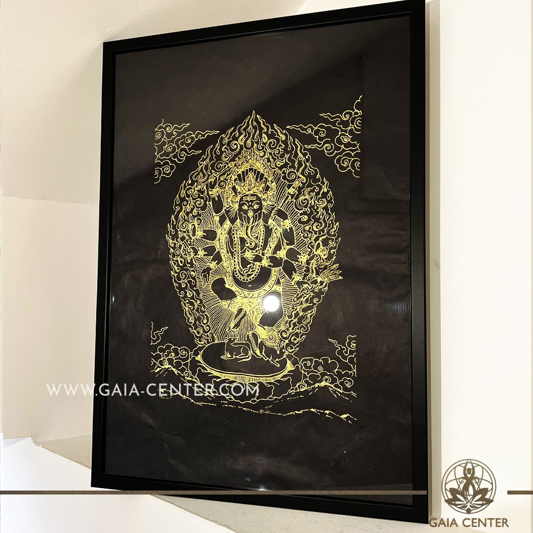 Tibetan Mandala Ganesha gold and black color in the frame. Origin: Nepal Frame size: 72x52cm Wall Ornament selection at Gaia Center | Cyprus.