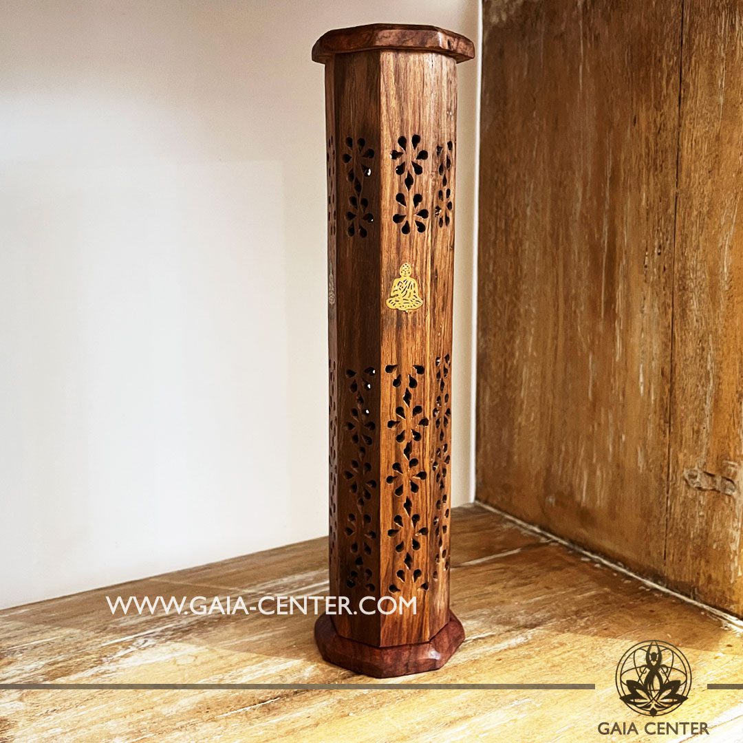 Carved Wooden Incense Tower With Brass Buddha Inlay. Tower Incense Holder or Ash Catcher - natural color wooden box. Holds four aroma incense sticks and one incense pyramids or cone. Incense burners selection at Gaia Center | Cyprus. Order online, Cyprus islandwide delivery: Limassol, Larnaca, Nicosia, Paphos. Europe and worldwide shipping.