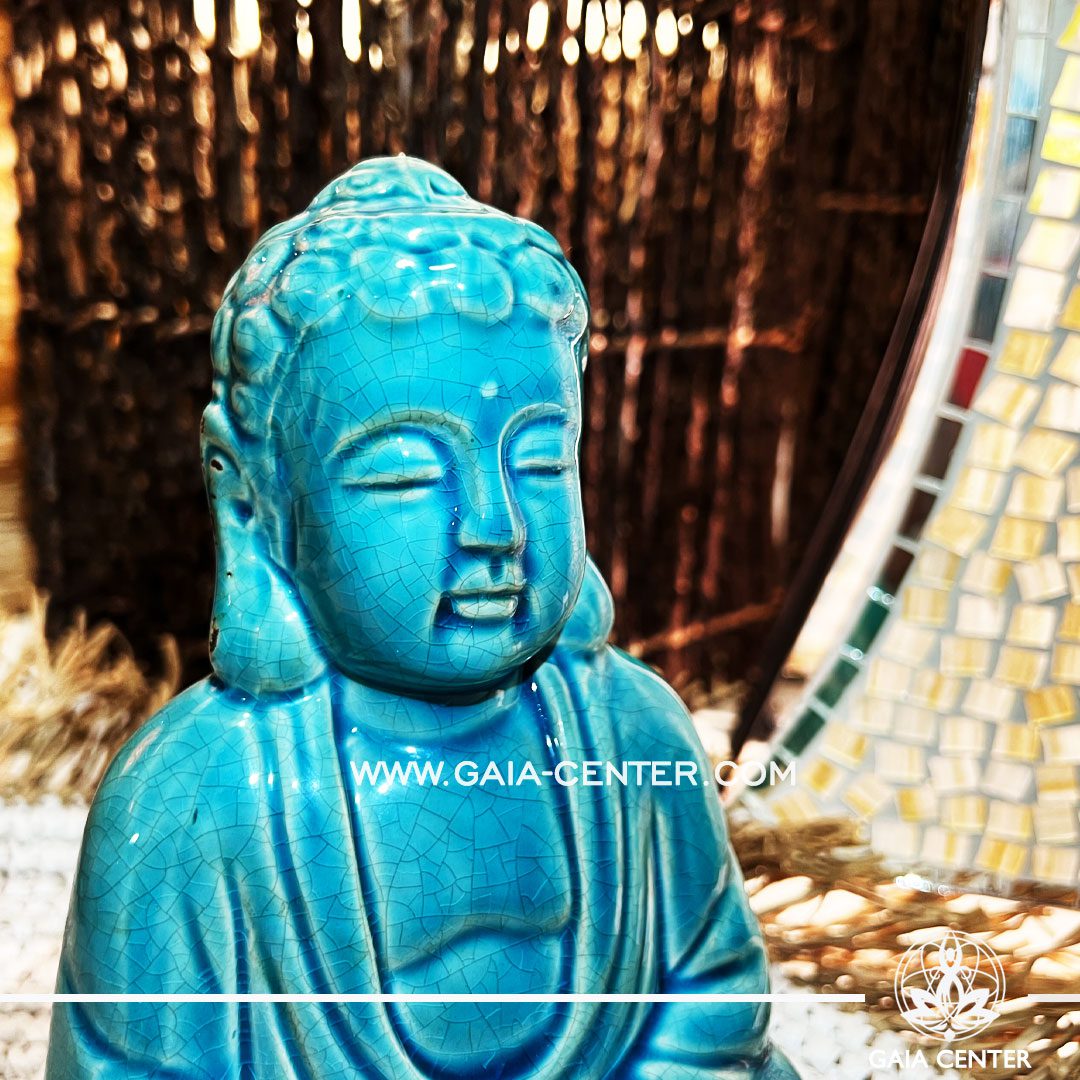 Thai Buddha Statue. Antique Blue Turquoise Ceramic design. Decore and spiritual items at Gaia Center in Cyprus. Shop online at https://gaia-center.com. Cyprus island delivery: Limassol, Nicosia, Paphos, Larnaca. Europe and Worldwide shipping.