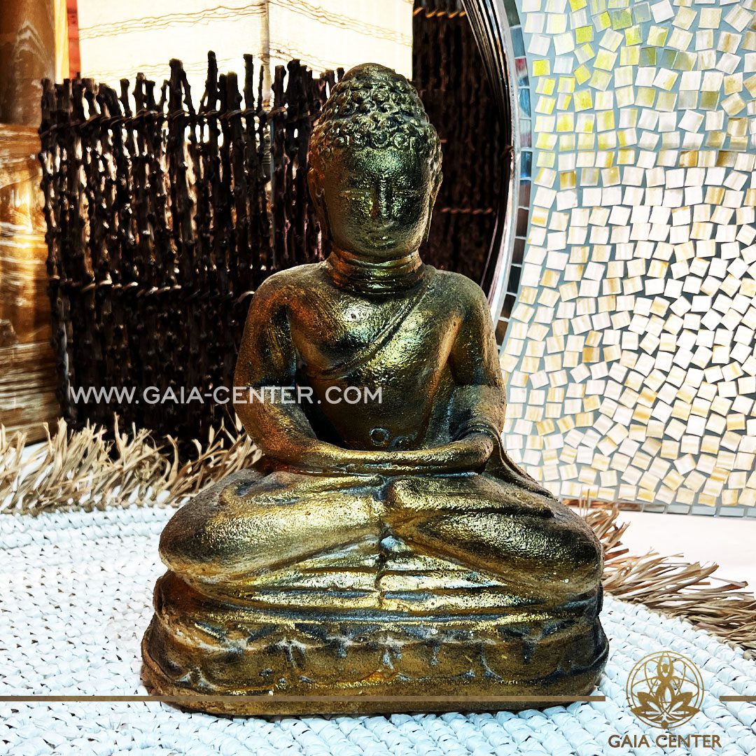 Buddha Statue Meditating - stone with antique gold color finishing. Decore and spiritual items at Gaia Center in Cyprus. Shop online at https://gaia-center.com. Cyprus island delivery: Limassol, Nicosia, Paphos, Larnaca. Europe and Worldwide shipping.