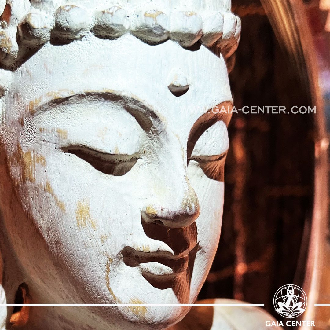 Buddha Statue made from teak wood and hand carved by Balinese artisans. Natural wooden design with white wash elements. Decore and spiritual items at Gaia Center in Cyprus. Shop online at https://gaia-center.com. Cyprus island delivery: Limassol, Nicosia, Paphos, Larnaca. Europe and Worldwide shipping.