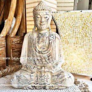 Buddha Statue made from teak wood and hand carved by Balinese artisans. Natural wooden design with white wash elements. Decore and spiritual items at Gaia Center in Cyprus. Shop online at https://gaia-center.com. Cyprus island delivery: Limassol, Nicosia, Paphos, Larnaca. Europe and Worldwide shipping.