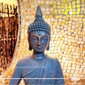 Buddha Statue sitting - antique blue color finishing. Decore and spiritual items at Gaia Center in Cyprus. Shop online at https://gaia-center.com. Cyprus island delivery: Limassol, Nicosia, Paphos, Larnaca. Europe and Worldwide shipping.