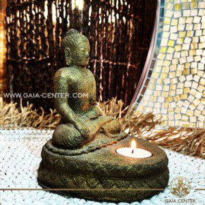 Buddha statue candle holder made from stone, concrete. Decore and spiritual items at Gaia Center in Cyprus. Shop online at https://gaia-center.com. Cyprus island delivery: Limassol, Nicosia, Paphos, Larnaca. Europe and Worldwide shipping.