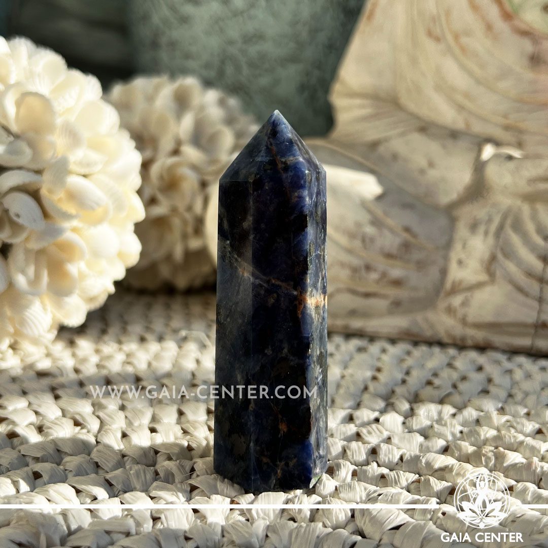 Blue Sodalite Crystal Obelisk Tower point. Crystal points, towers and obelisks selection at Gaia Center in Cyprus. Order online, Cyprus islandwide delivery: Limassol, Larnaca, Paphos, Nicosia. Europe and Worldwide shipping.