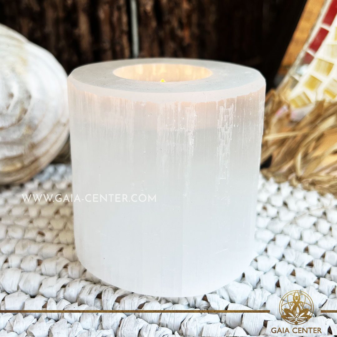 Crystal Candle Holder - White Selenite. Crystal and Gemstone selection at Gaia Center | Cyprus. Shop online at https://gaia-center.com. Cyprus island delivery: Limassol, Nicosia, Paphos, Larnaca. Europe and Worldwide shipping.