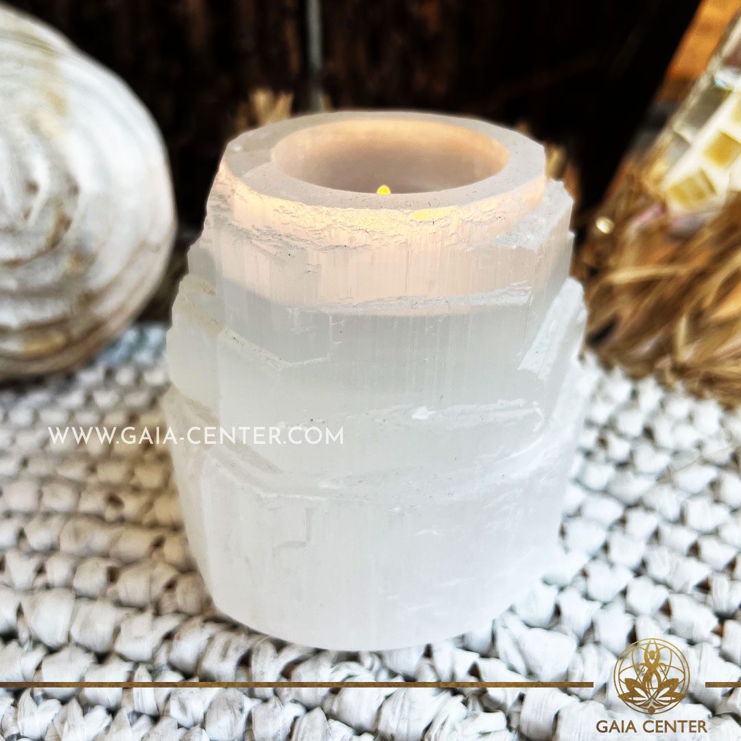 Crystal Candle Holder - White Selenite. Crystal and Gemstone selection at Gaia Center | Cyprus. Shop online at https://gaia-center.com. Cyprus island delivery: Limassol, Nicosia, Paphos, Larnaca. Europe and Worldwide shipping.