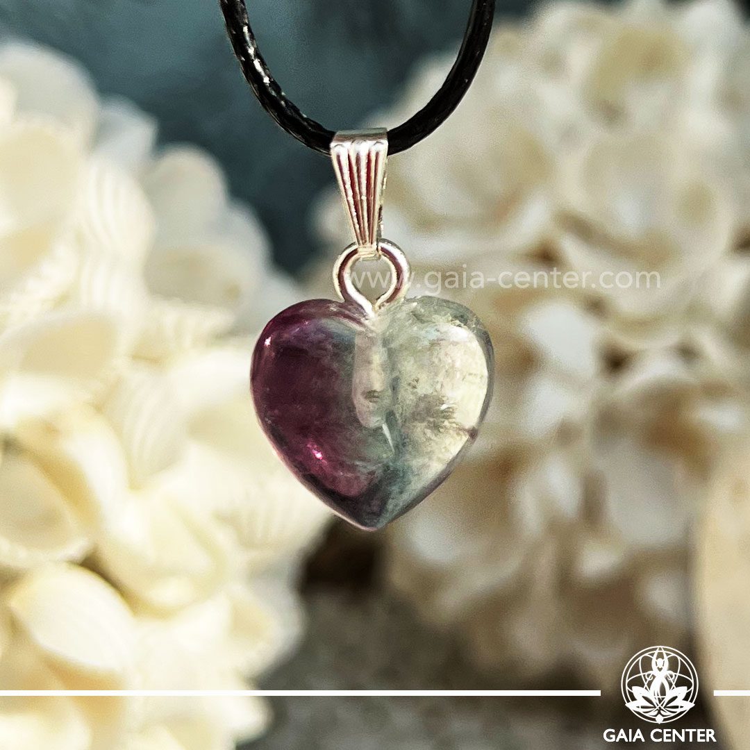 Crystal Pendant -Crystal Fluorite heart design with silver plated bail at GAIA CENTER Crystal Shop CYPRUS. Crystal jewellery and crystal pendants at Gaia Center crystal shop in Cyprus. Order online top quality crystals, Cyprus islandwide delivery: Limassol, Larnaca, Paphos, Nicosia. Europe and Worldwide shipping.