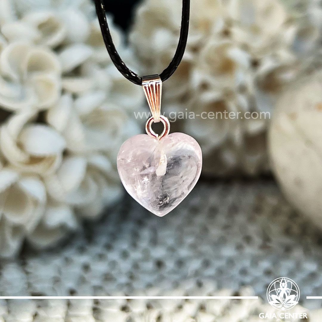 Crystal Pendant - Pink Rose Quartz crystal heart design with silver plated bail at GAIA CENTER Crystal Shop CYPRUS. Crystal jewellery and crystal pendants at Gaia Center crystal shop in Cyprus. Order online top quality crystals, Cyprus islandwide delivery: Limassol, Larnaca, Paphos, Nicosia. Europe and Worldwide shipping.