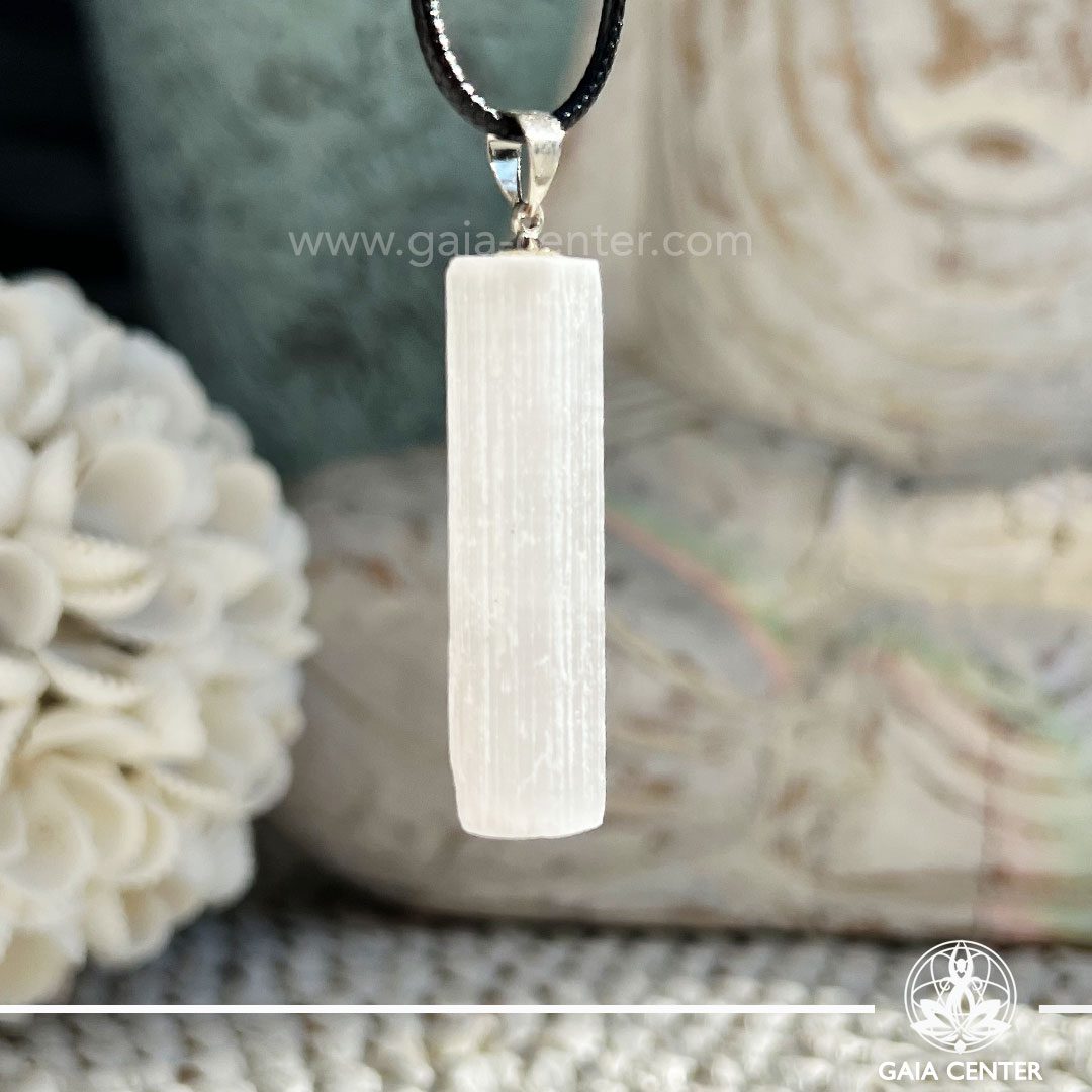 Crystal Pendant - White Selenite Rough with electroplated bail crystal zen design at GAIA CENTER Crystal Shop CYPRUS. Crystal jewellery and crystal pendants at Gaia Center crystal shop in Cyprus. Order online top quality crystals, Cyprus islandwide delivery: Limassol, Larnaca, Paphos, Nicosia. Europe and Worldwide shipping.