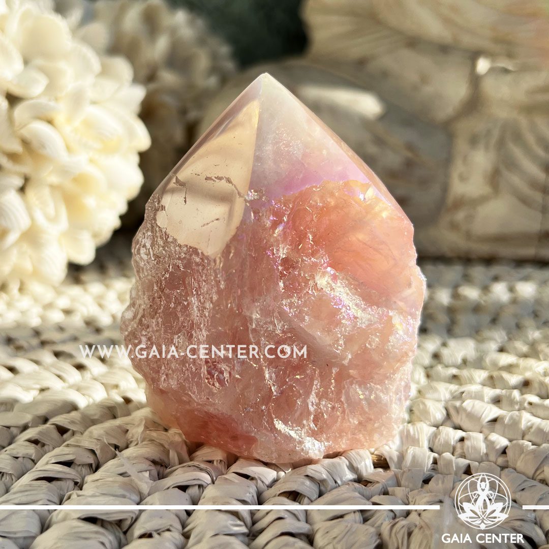 Rose Aura Crystal Quartz Cut Base Polished Point from Brazil. Crystal points, towers and obelisks selection at Gaia Center in Cyprus. Order online, Cyprus islandwide delivery: Limassol, Larnaca, Paphos, Nicosia. Europe and Worldwide shipping.